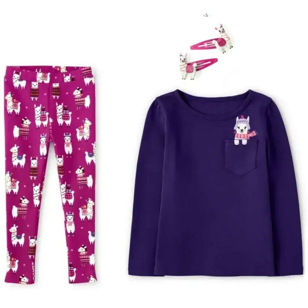 Gymboree Girls Little Llama Leggings Top and Clips 7 New